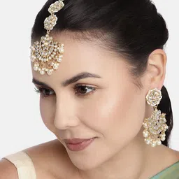 I Jewels Gold Plated & White Chandbali Earrings with Maang Tikka Set image 1
