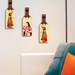 suveharts 3 Pcs Madhubani Wooden New Bottles Hanging image 1