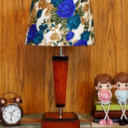 Demis White & Blue Fabric Shade Night Lamp With Wood Base By BrightDaisy image 2