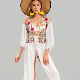 JC Collection Floral Embroidered Knitted Sheer Longline Swimwear Cover up Top-image-40