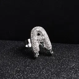 French Accent Men Silver-Plated Stone Studded A Alphabet Ring-image-83