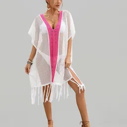 JC Collection Self Design Colourblocked Fringed Semi Sheer Swimwear Cover Up Top-image-88