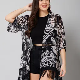 PURYS Abstract Printed Tasselled Longline Shrug-picture-4