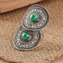TEEJH Bahuli Silver Women Turquoise Green Silver-Plated Gemstone Studded Ring-picture-34