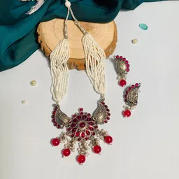 ABDESIGNS Silver-Plated Stone-Studded & Pearl Beaded Jewellery Set-picture-25