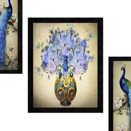 PnF Black & Blue 3 Pieces Floral & Peacock Painting Wooden Wall Arts-picture-19