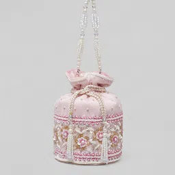 Rubans Pink & White Coloured Potli Bag With Golden And White Pearl Embroided Design image 2