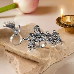 Zaveri Pearls Set of 2 Silver Plated Barat & Peacock Design Oxidised Finger Rings-picture-38