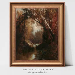 THE VINTAGE ARTISTRY Beige & Red Autumn Forest Landscape Painting Wall Art-picture-15