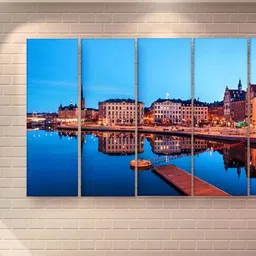 Casperme 5 Pieces Beige & Blue Wooden Skyline Big Wall Painting-image-98