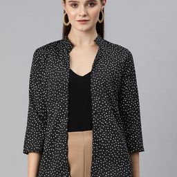 Cottinfab Polka Dots Printed Mandarin Collar Monochrome Open Front Shrug-picture-3