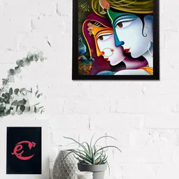 eCraftIndia Blue & Green Face Of Radha Krishna Satin Matt Texture UV Wall Art image 1