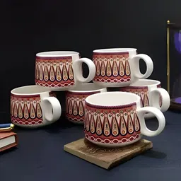 MITHILA Handicrafts Red 6 Pieces Printed Dishwasher Safe Ceramic Glossy Cups 120 ml-image-16
