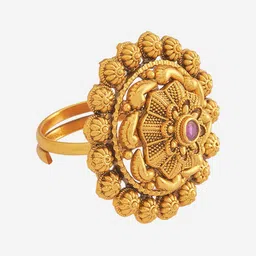 Kushal's Fashion Jewellery Red Stone-Studded Gold-Plated Antique Finger Ring image 3