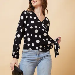 globus Casual Puff Sleeves Printed Women Black Top image 5