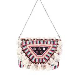 Swisni Black And Cream Coloured Embroidered Envelope Clutch image 2