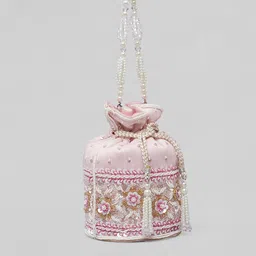 Rubans Pink & White Coloured Potli Bag With Golden And White Pearl Embroided Design image 3