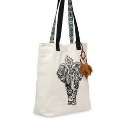 The House of Tara Off White and Black Canvas Ethnic Motifs Printed Shopper Tote Bag image 2