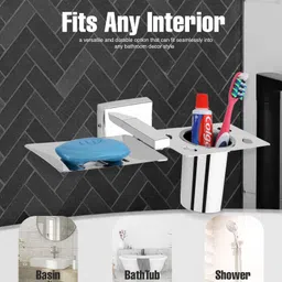 gloxy Wall Mount Soap Dish & Toothbrush Stand | Space-Saving, Rust-Proof Organizer Stainless Steel Toilet Paper Holder image 4