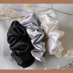 Neutral Elegance Satin Scrunchie Trio Hair Scrunchie Set 3 Black white and silver Rubber Band-image-11