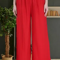 Women Regular Fit Red Viscose Rayon Trousers-image-3
