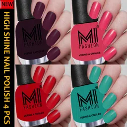 mi fashion New Collection High Shine Long Wearing Nail Polishes Combo 12ml each Combo No-01 Maroon Wine,Neon Pink,Red,Sea Green-picture-13