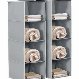 Non Woven Foldable Hanging 4 Shelves Wardrobe/ Cloth Organizer -Pack of 2 Regular Organizer-image-0