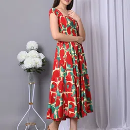 iqraar Women Fit and Flare Multicolor, Red Midi/Calf Length Dress image 3