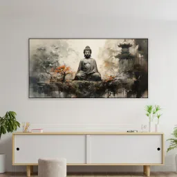 nestroots Canvas Framed Buddha in Tranquility on Rock Wall Painting-picture-23