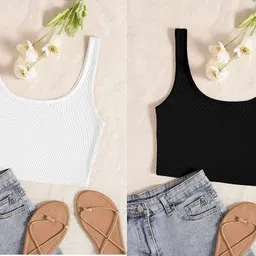 pinovo Pack of 2 Casual Sleeveless Solid Women Black, White Top image 4
