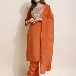 hastjeom Pack of 3 Women Embroidered, Solid Art Silk A-line Kurta With Attached Dupatta image 5