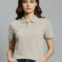 timber hitch Women Solid Polo Neck Cotton Blend Grey T-Shirt-picture-24