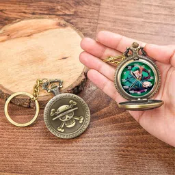Tiny Tim Anime One Piece Antique Working Bronze Roronoa Zoro Printed Dial Metallic Merchandise Cosplay Best Gift for Otaku fans on Special Occasions Bronze Metal Pocket Watch Chain image 3