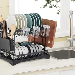 indriyas Dish Drainer Kitchen Rack 2 Tier Dish Rack with Glass Holder & Cutlery Stand Multipurpose Kitchen Rack Steel, Plastic-picture-10