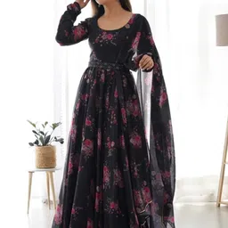 mbi creation Printed, Floral Print Georgette, Crepe Stitched Anarkali Gown-picture-24