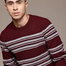 roadster Men Striped Round Neck Brown Sweater-picture-13