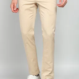 Men Slim Fit Khaki Cotton Blend Trousers-image-4