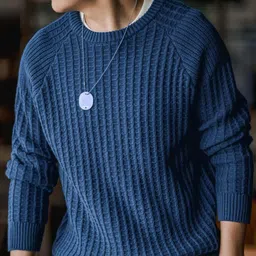 freaks Men Solid Round Neck Blue Sweater image 4