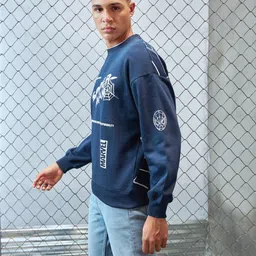 metronaut Men Printed Round Neck Dark Blue Sweater image 3