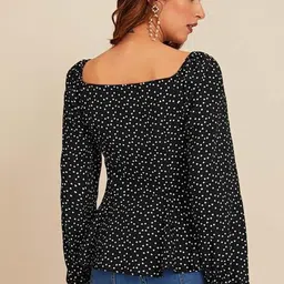 fabrange Casual Puff Sleeves Printed Women White, Black Top image 2