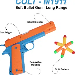 asian M1911 Soft Bullet Gun Toy for Kids | Long Range Shooting Pistol with Magazine Darts & Plastic Bullets image 5