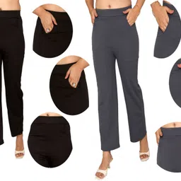 fashion bazaar Pack of 2 Women Regular Fit Black, Grey Cotton Blend Trousers-picture-14