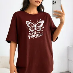 hivewear Women Printed Round Neck Cotton Blend Brown T-Shirt-picture-21