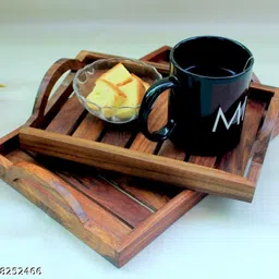 hrb handicrafts Sheesham Wood Serving Tray Set of 2 with Curved Handles for Kitchen Use Tray Serving Set image 4
