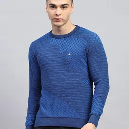 monte carlo Men Self Design Round Neck Blue Sweater image 1