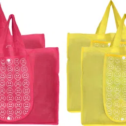 kuber industries Shopping Grocery Bags Foldable, Washable Grocery Tote Bag with One Small Pocket, Eco-Friendly Purse Bag Fits in Pocket Waterproof & Lightweight (Set Of 4,Pink & Yellow) Pack of 4 Grocery Bags-picture-14