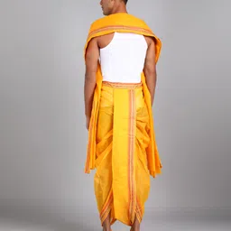 SAC SHREE APARAJEET CREATIONS Men's Mango Colour Panjakejam Readymade dhoti and towel set Free size 100%cotton Self Design, Striped Men Dhoti image 2