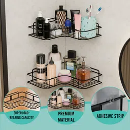 kuber industries 4 Pcs Metal Self Adhesive Bathroom Organiser with Drill Screws | Black Iron Wall Shelf image 4