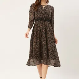 slenor Women A-line Brown, Black Midi/Calf Length Dress-picture-11