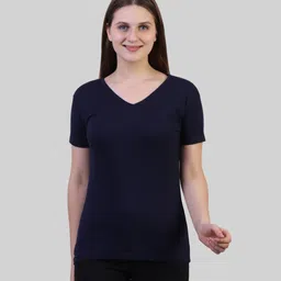 fleximaa Women Solid V Neck Pure Cotton Dark Blue T-Shirt image 1